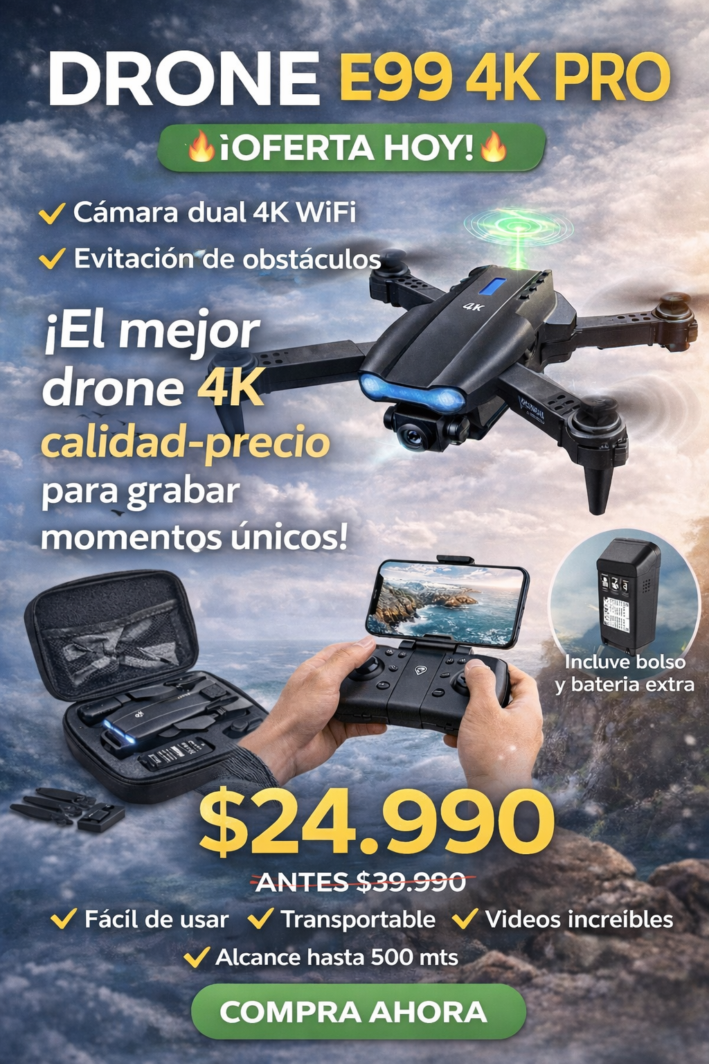 Dron E99 Pro 4K WiFi Cámara Dual | Plegable con Control y Batería Extra