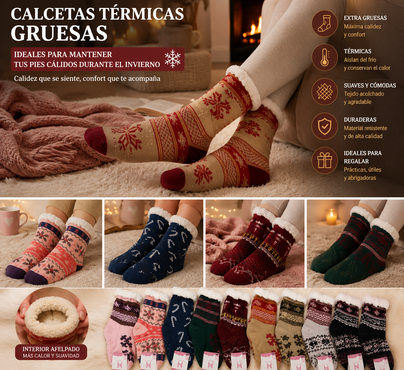 CALCETAS TÉRMICAS AFELPADAS PARA MUJER – EXTRA ABRIGADAS PARA INVIERNO