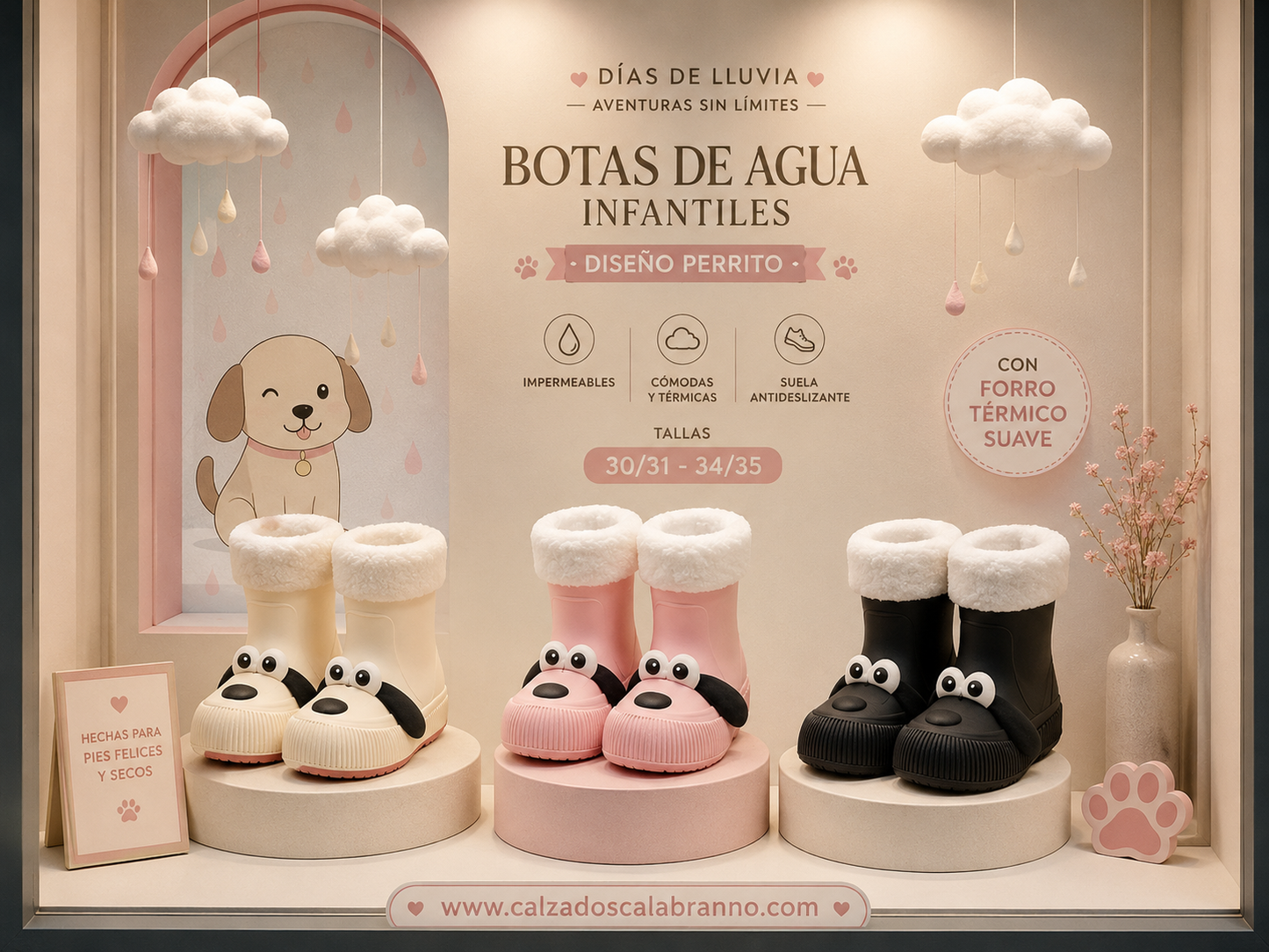 BOTAS DE AGUA INFANTIL DISEÑO PERRITO CON FORRO TÉRMICO | TALLAS 30-31 Y 34-35