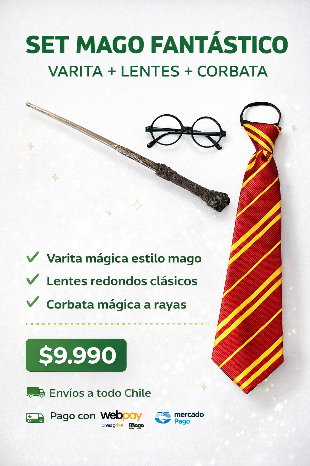 🧙‍♂️ SET MAGO FANTÁSTICO – VARITA + LENTES + CORBATA ESTILO HARRY POTTER