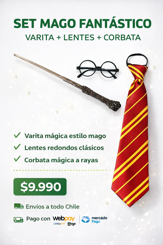 🧙‍♂️ SET MAGO FANTÁSTICO – VARITA + LENTES + CORBATA ESTILO HARRY POTTER