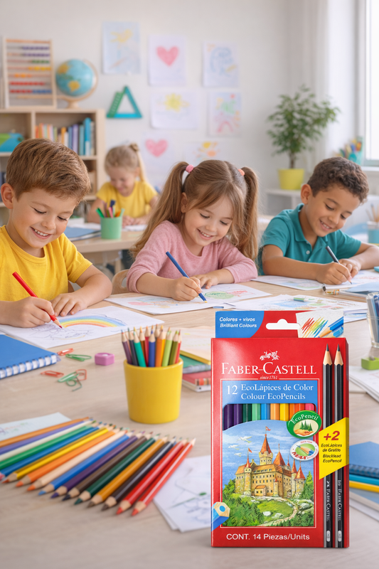 ✏️ EcoLápices de Color Faber-Castell – Set 12 Colores + 2 Lápices Grafito