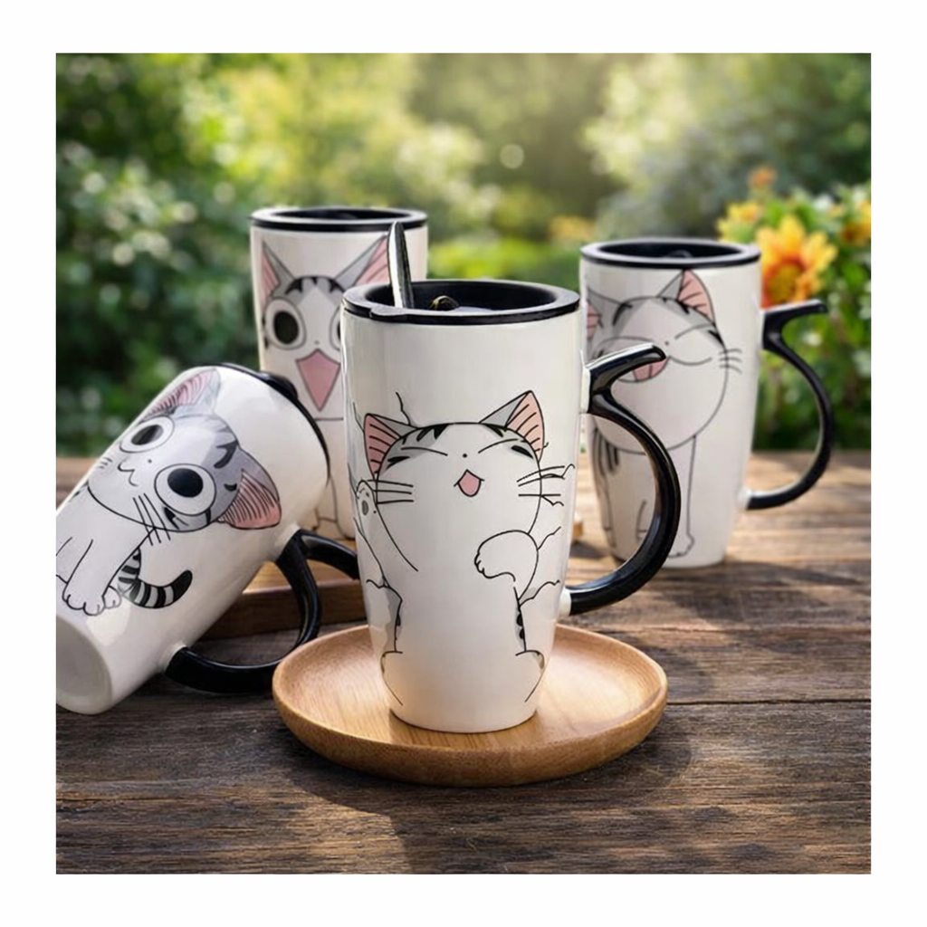 🐱 TAZÓN KAWAII GATITO CON BOMBILLA Y CUCHARA 650ml