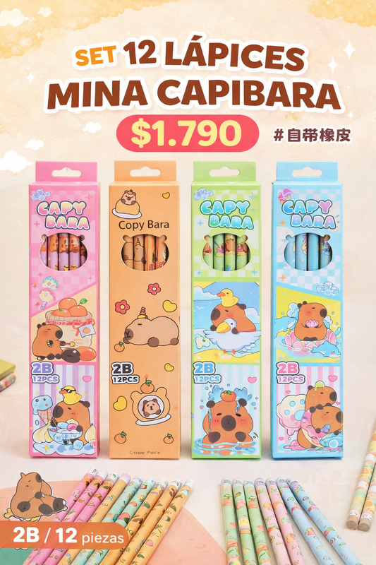 ✏️ Set 12 Lápices Mina Capibara Kawaii – 2B