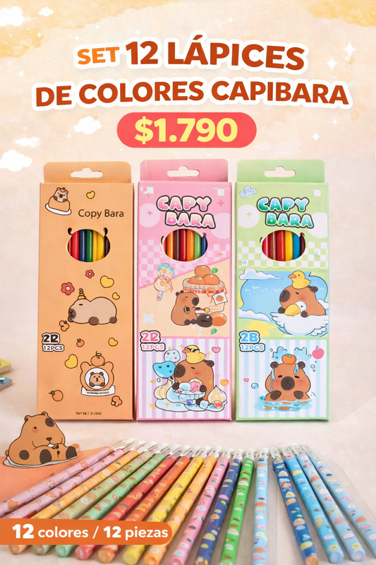 ✏️ Set 12 Lápices de Colores Capibara Kawaii 🐹🌈