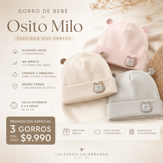 GORRO BEBÉ OSITO MILO ALGODÓN SUAVE CON OREJITAS 0 A 6 MESES UNISEX