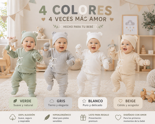 SET BIENVENIDA BEBÉ 8 PIEZAS 👶 100% ALGODÓN + MANTA + PELUCHE | REGALO PERFECTO