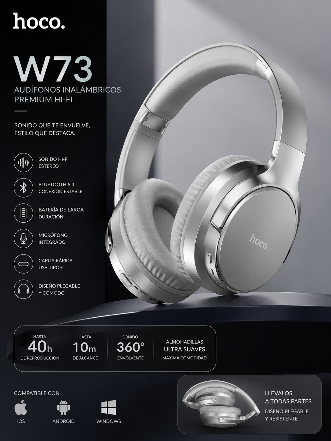 HOCO W73 – AUDÍFONOS BLUETOOTH PREMIUM HI-FI PLATEADOS NUEVA VERSION