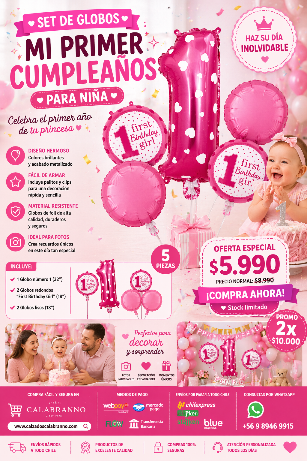🎉 SET DE GLOBOS MI PRIMER CUMPLEAÑOS NIÑA 🎀✨ DECORA Y HAZLO INOLVIDABLE ✨