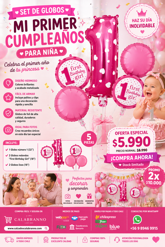 🎉 SET DE GLOBOS MI PRIMER CUMPLEAÑOS NIÑA 🎀✨ DECORA Y HAZLO INOLVIDABLE ✨