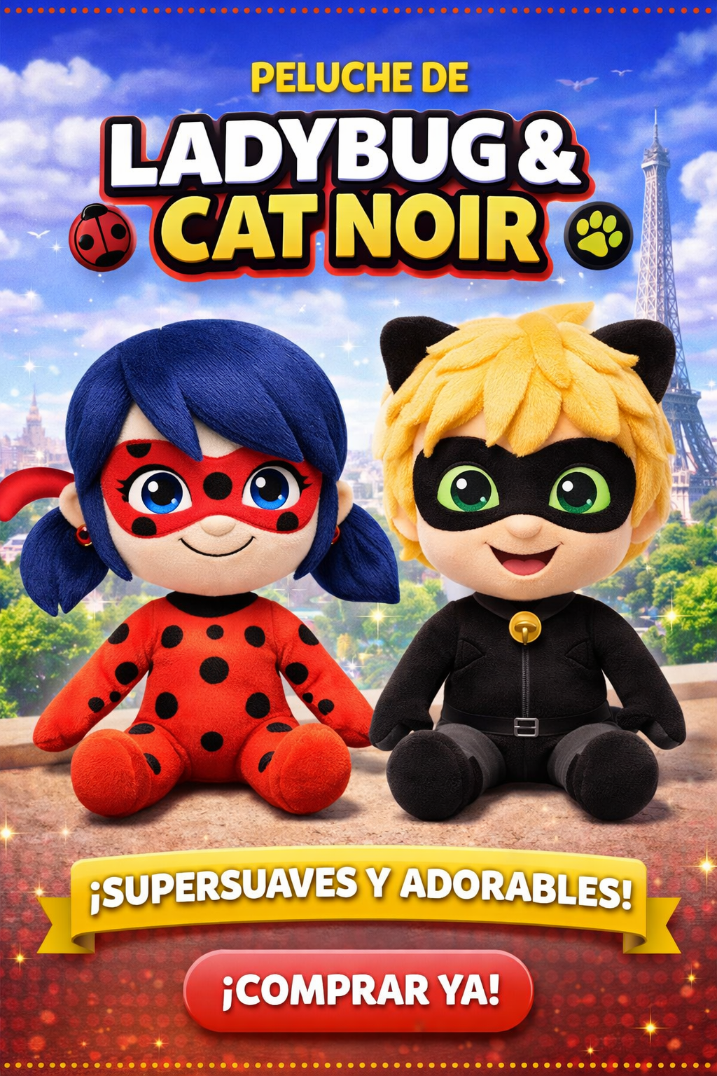 Peluche Ladybug y Cat Noir 30cm Súper Suave – Regalo Niños