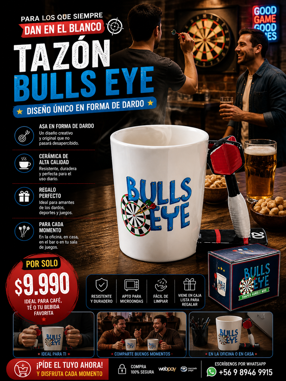 Tazón Bulls Eye 350ml con Asa en Forma de Dardo – Taza Original Regalo Hombre