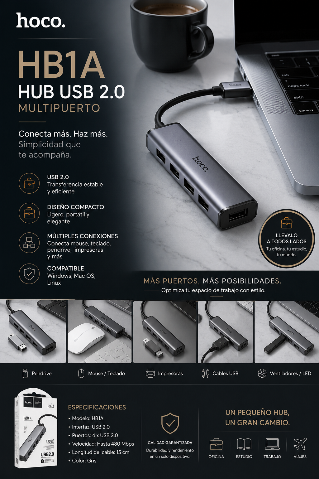 HUB USB HOCO HB1A USB 2.0 MULTIPUERTO COLOR GRIS