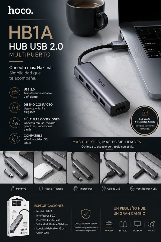 HUB USB HOCO HB1A USB 2.0 MULTIPUERTO COLOR GRIS