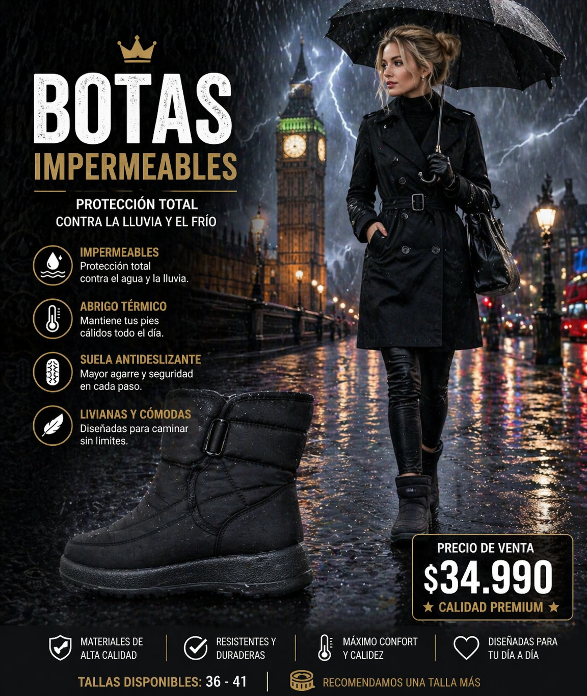 Botas Impermeables Mujer Premium Invierno Antideslizantes Abrigadas
