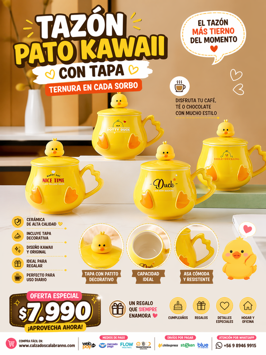 🐥✨ TAZÓN PATO KAWAII CON TAPA – CERÁMICA PREMIUM ✨390 ML