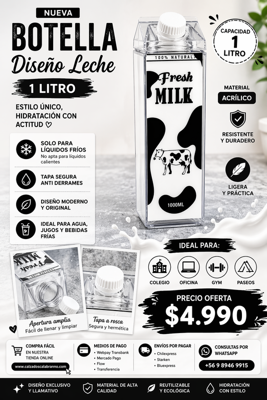 🥛✨ BOTELLA DISEÑO LECHE 1 LITRO – ESTILO KAWAII ✨