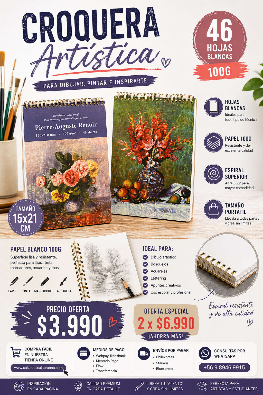 🎨✨ CROQUERA ARTÍSTICA 46 HOJAS – PAPEL 100G ✨
