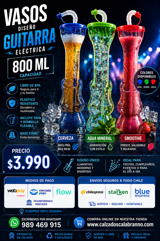 🎸 VASOS 800 ML DISEÑO GUITARRA ELÉCTRICA  ¡Bebidas heladas con estilo único y llamativo! 🔥