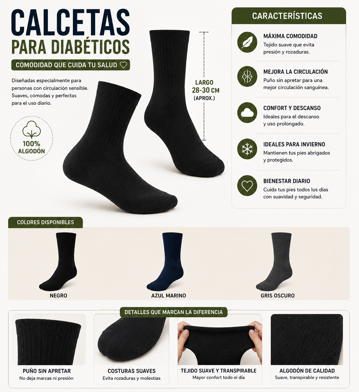 CALCETAS PARA DIABÉTICOS ALGODÓN SUAVE TAMAÑO ESTÁNDAR