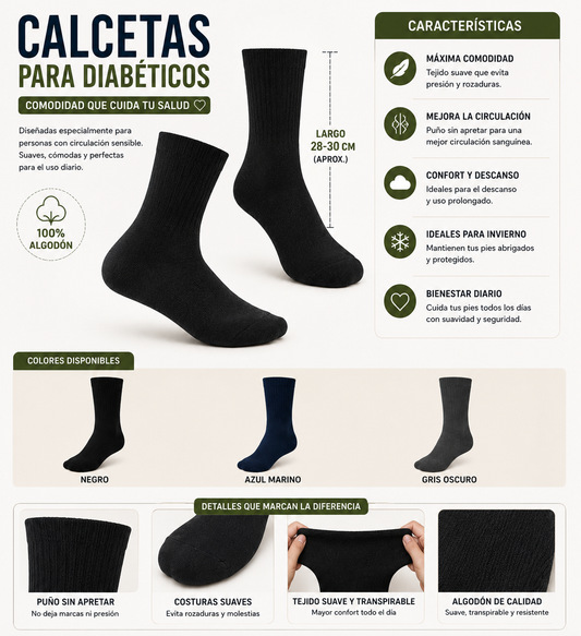 CALCETAS PARA DIABÉTICOS ALGODÓN SUAVE TAMAÑO ESTÁNDAR