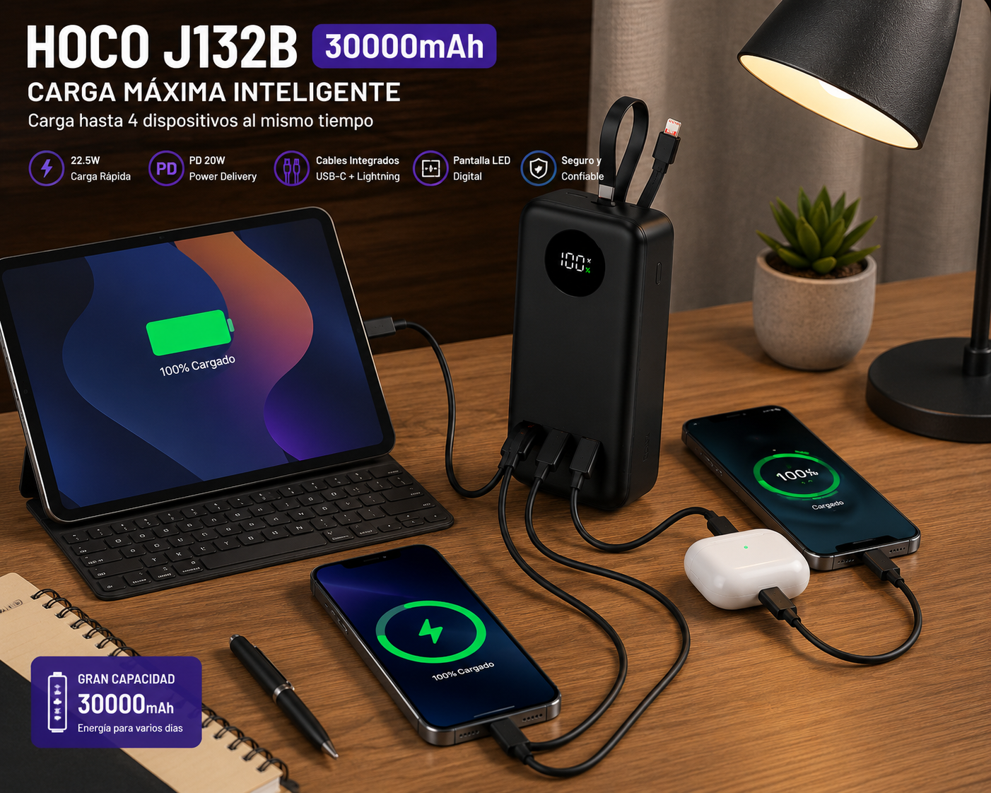 POWER BANK HOCO J132B 30000MAH CARGA RÁPIDA 22.5W PD20W CON CABLES INTEGRADOS