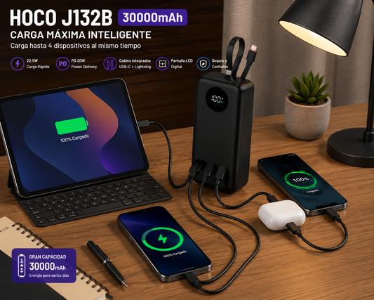 POWER BANK HOCO J132B 30000MAH CARGA RÁPIDA 22.5W PD20W CON CABLES INTEGRADOS