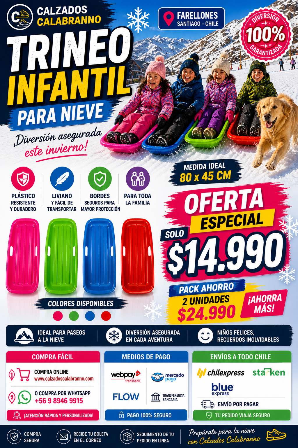 🛷❄️ TRINEO INFANTIL PARA NIEVE 80×45 CM¡Diversión asegurada este invierno en la nieve!
