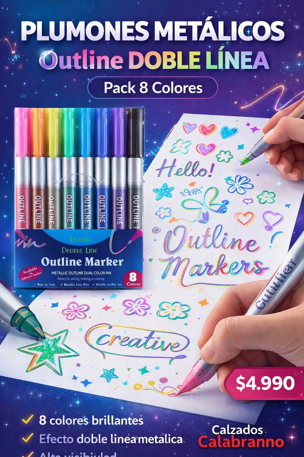 ✨ Plumones Metálicos Outline Doble Línea – Pack 8 Colores