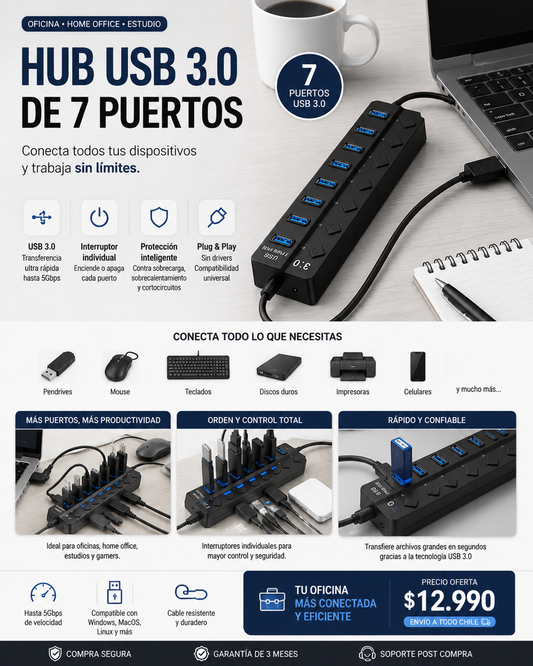 🔌 HUB USB 3.0 DE 7 PUERTOS – Máxima Conectividad para tu Oficina y Home Office