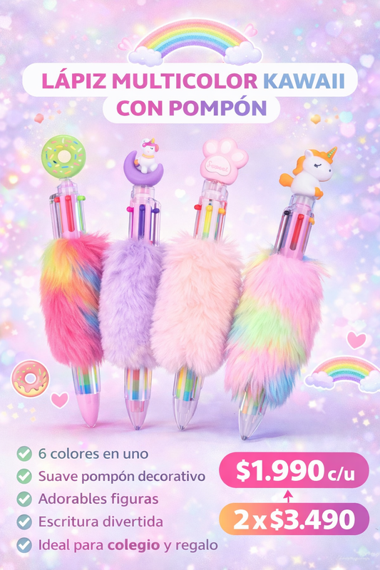 ✨ LÁPIZ MULTICOLOR KAWAII CON POMPÓN ✨