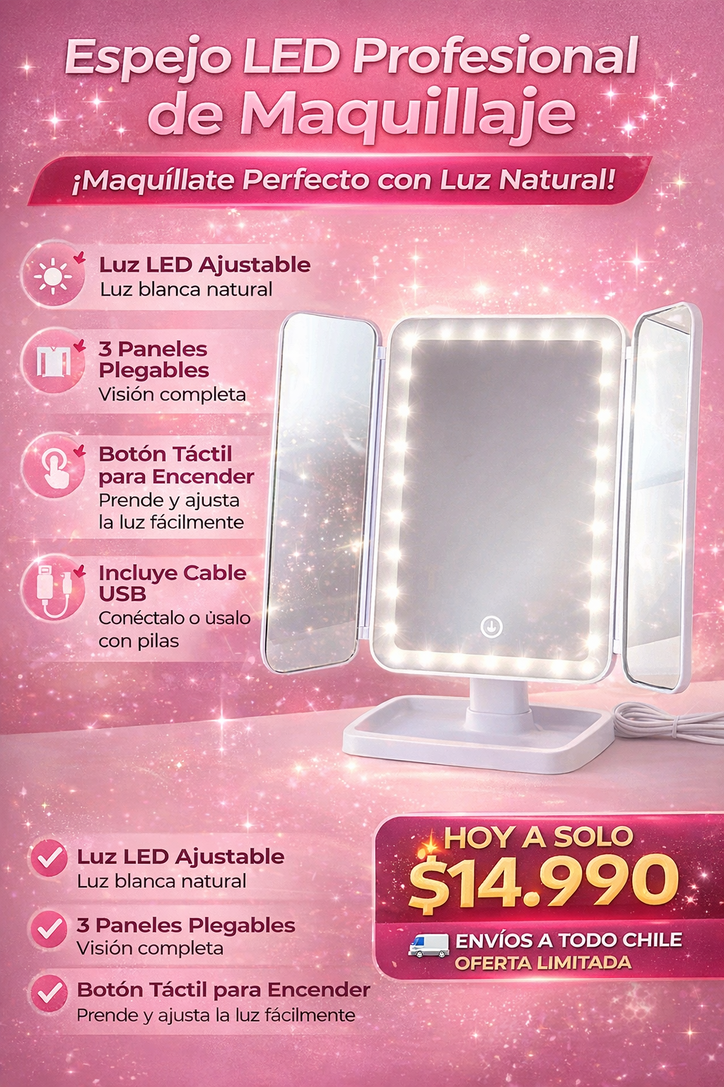 ✨ “Espejo LED Profesional de Maquillaje”