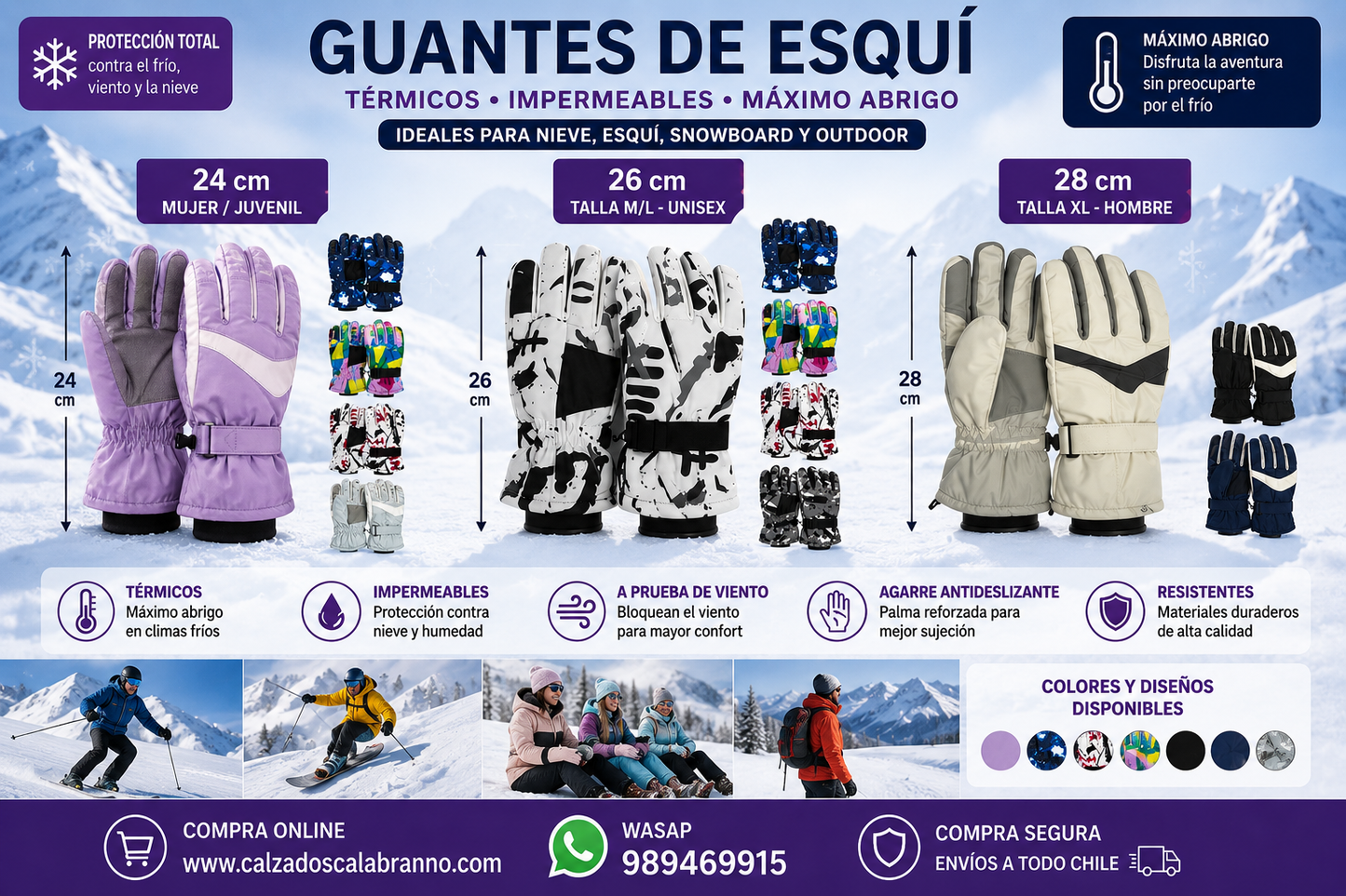 GUANTES DE ESQUÍ TÉRMICOS IMPERMEABLES | TALLAS 24 CM, 26 CM Y 28 CM