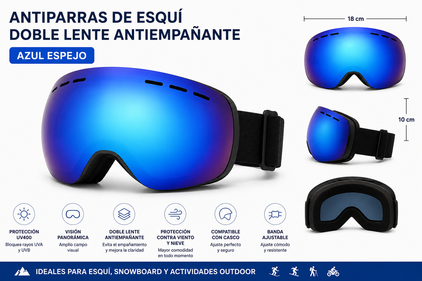 ANTIPARRAS DE ESQUÍ Y DE SNOWBOARD UNISEX DOBLE LENTE ANTIEMPAÑANTE | MÁSCARA DE NIEVE PANORÁMICA UV400
