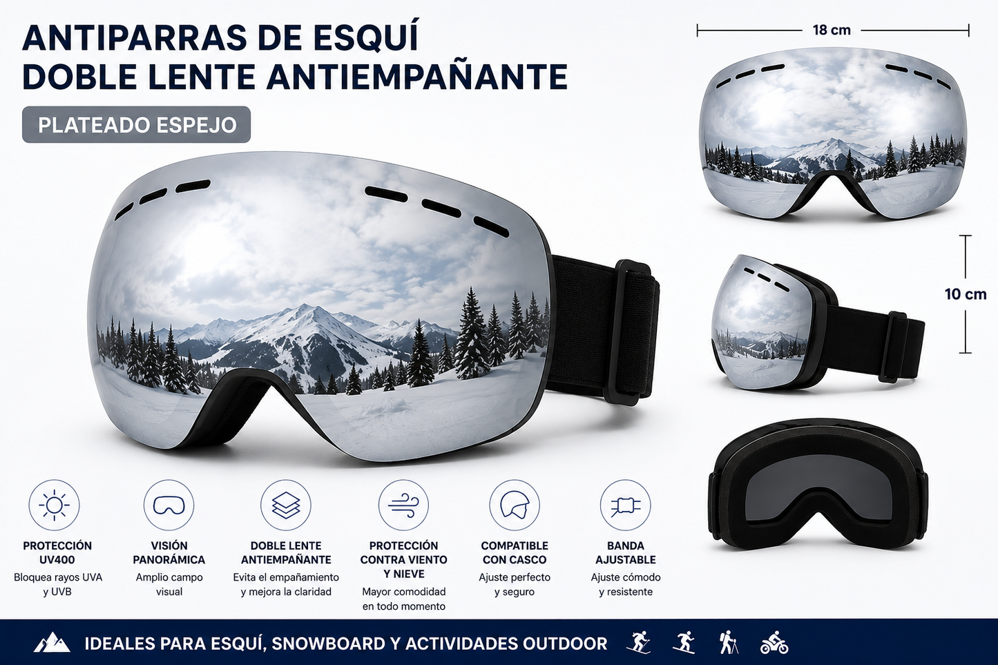 ANTIPARRAS DE ESQUÍ Y DE SNOWBOARD UNISEX DOBLE LENTE ANTIEMPAÑANTE | MÁSCARA DE NIEVE PANORÁMICA UV400