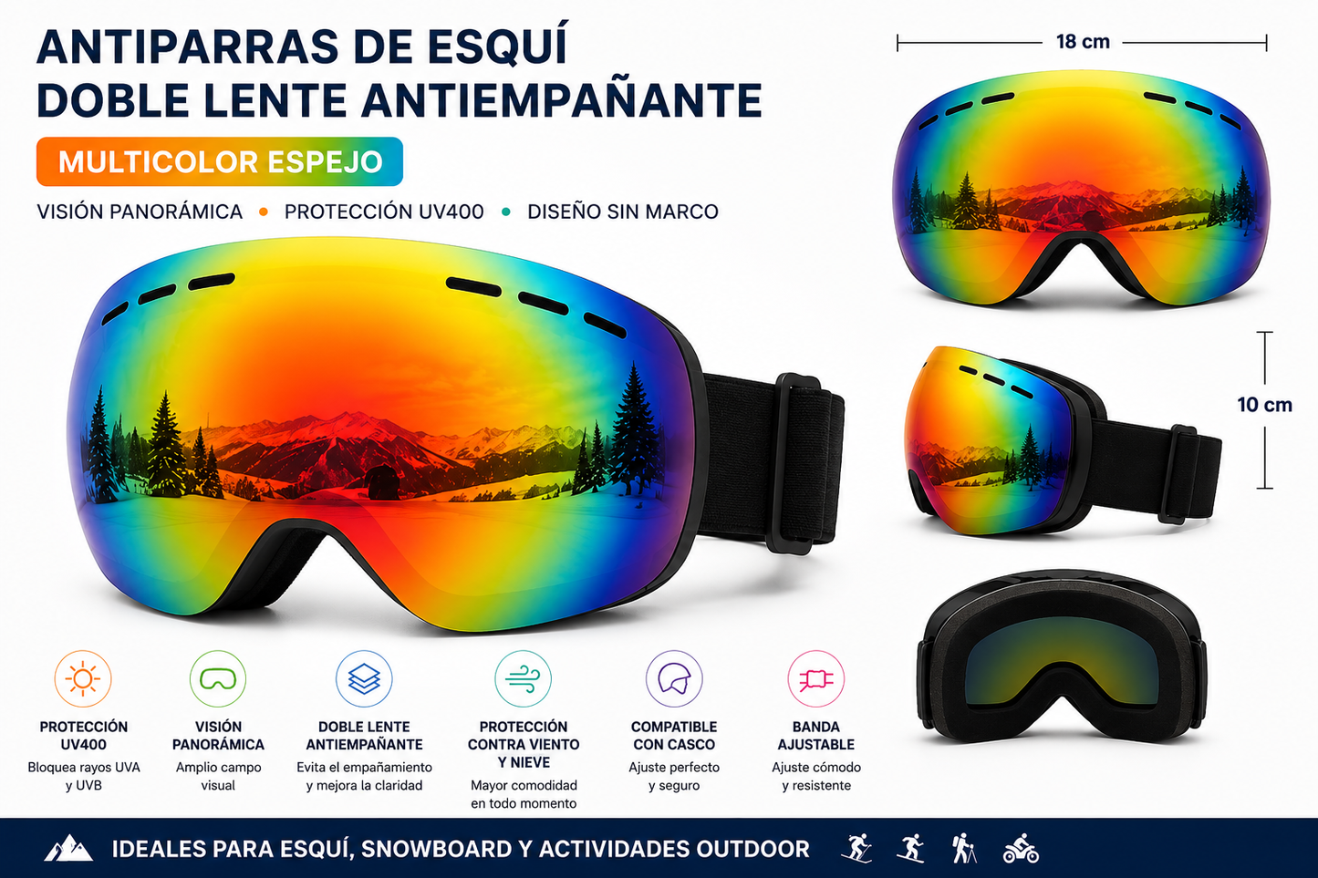 ANTIPARRAS DE ESQUÍ Y DE SNOWBOARD UNISEX DOBLE LENTE ANTIEMPAÑANTE | MÁSCARA DE NIEVE PANORÁMICA UV400