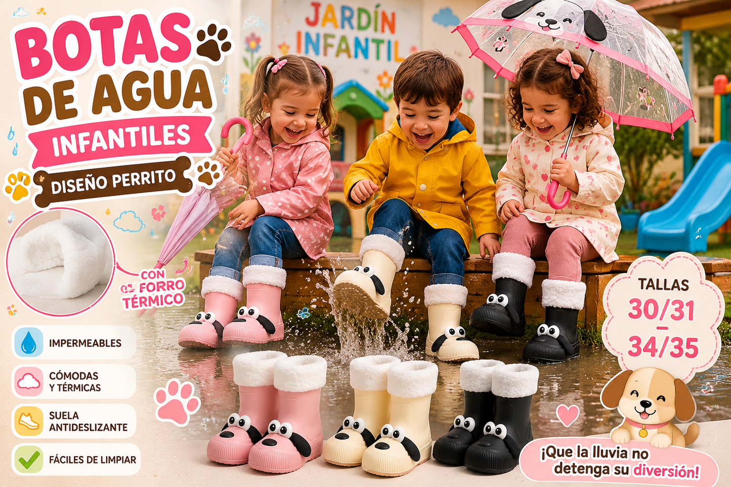 BOTAS DE AGUA INFANTIL DISEÑO PERRITO CON FORRO TÉRMICO | TALLAS 30-31 Y 34-35