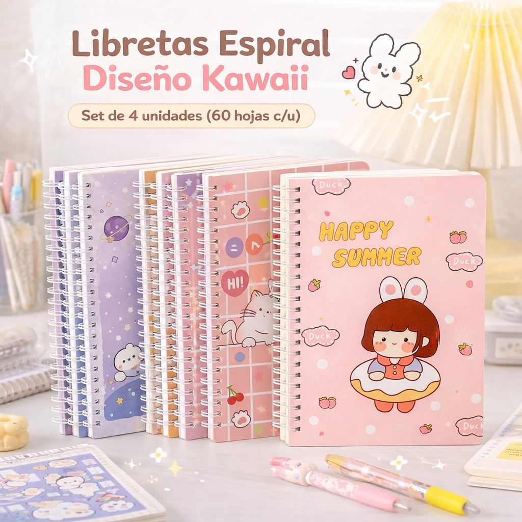 📒 Libreta Espiral Diseño Kawaii – Pack 4 Unidades (Diseños Surtidos)
