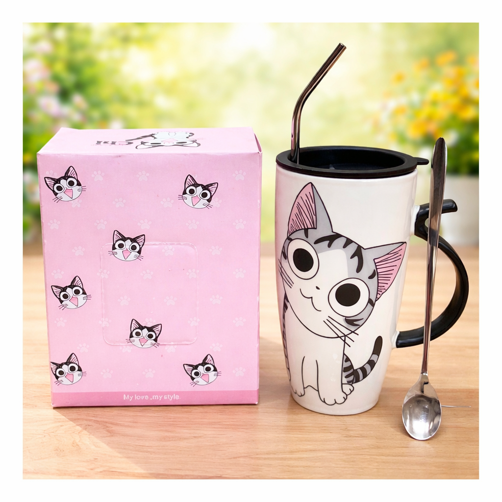 🐱 TAZÓN KAWAII GATITO CON BOMBILLA Y CUCHARA 650ml
