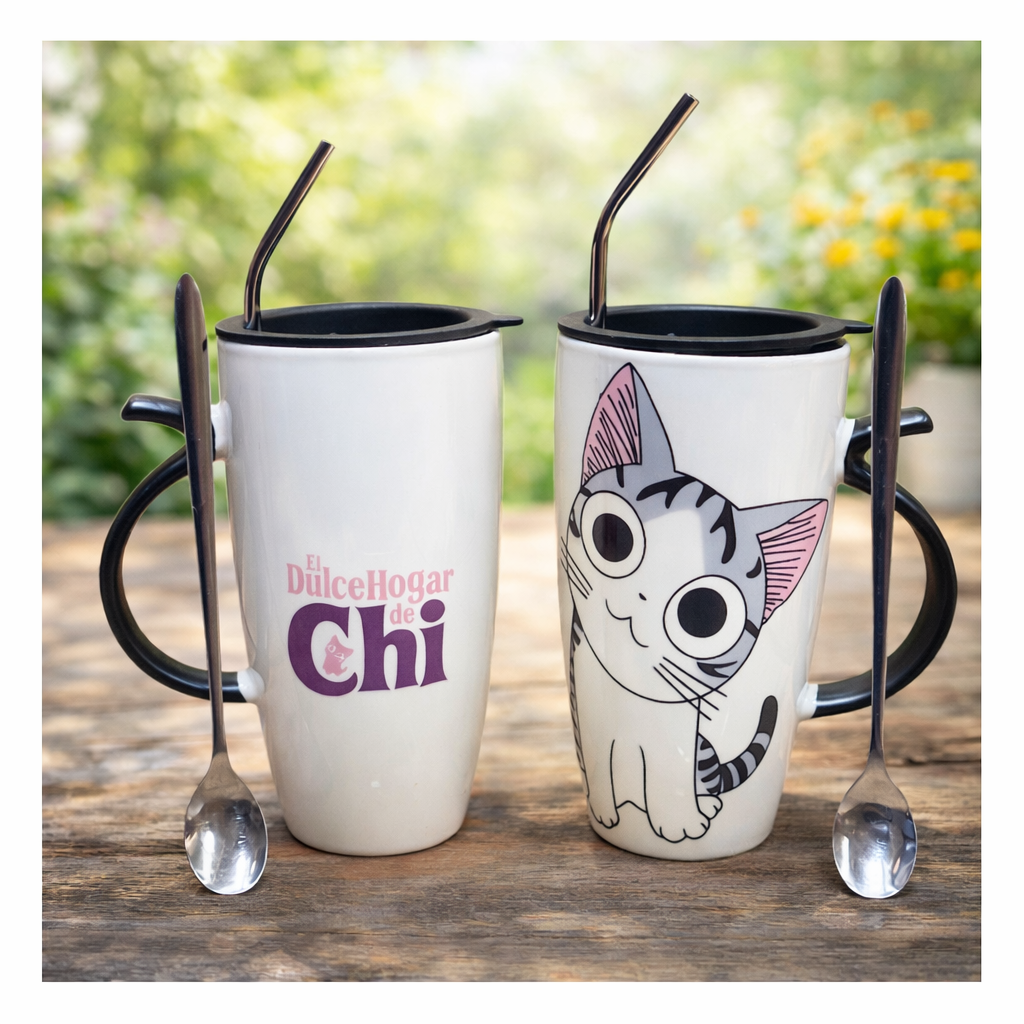 🐱 TAZÓN KAWAII GATITO CON BOMBILLA Y CUCHARA 650ml