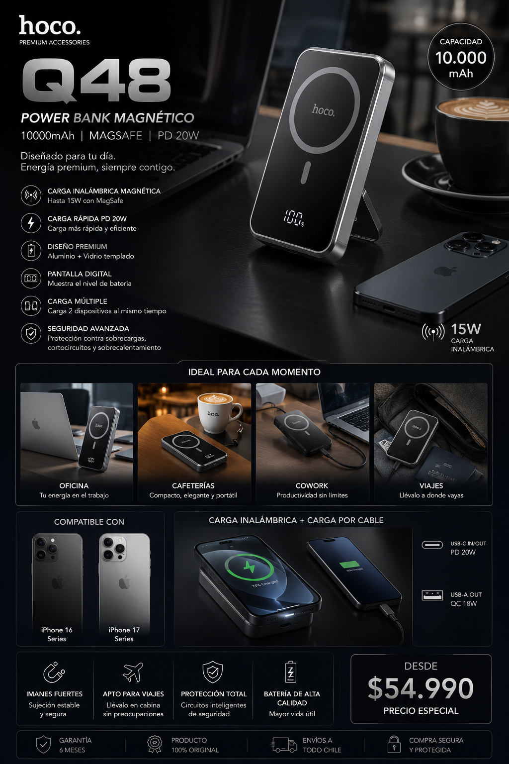 POWER BANK HOCO 10.000 mah  MAGNÉTICO MODELO Q48