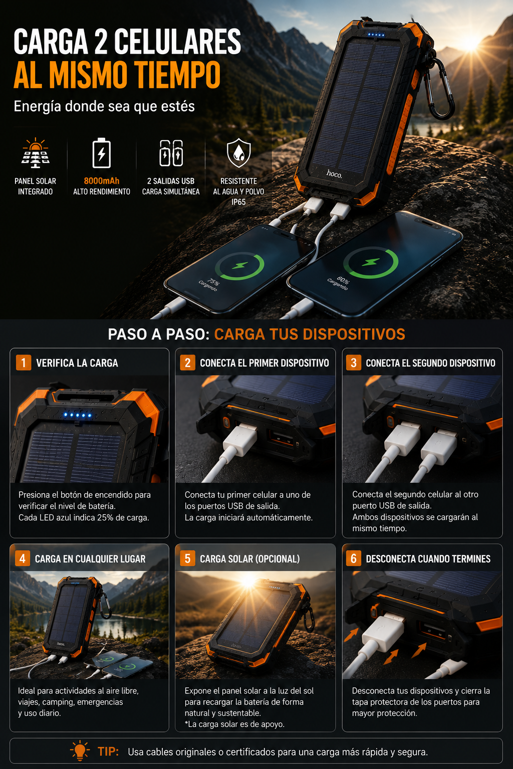 ⚡🔋 POWER BANK MULTIFUNCIONES RECARGABLE  Y SOLAR 8.000 mAh Outdoor
