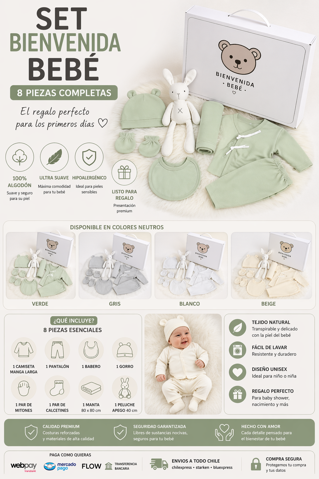 SET BIENVENIDA BEBÉ 8 PIEZAS 👶 100% ALGODÓN + MANTA + PELUCHE | REGALO PERFECTO