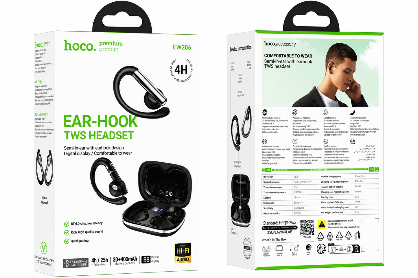 AURICULARES INALÁMBRICOS EAR-HOOK TWS HI-FI CON DISPLAY LED. HOCO EW206