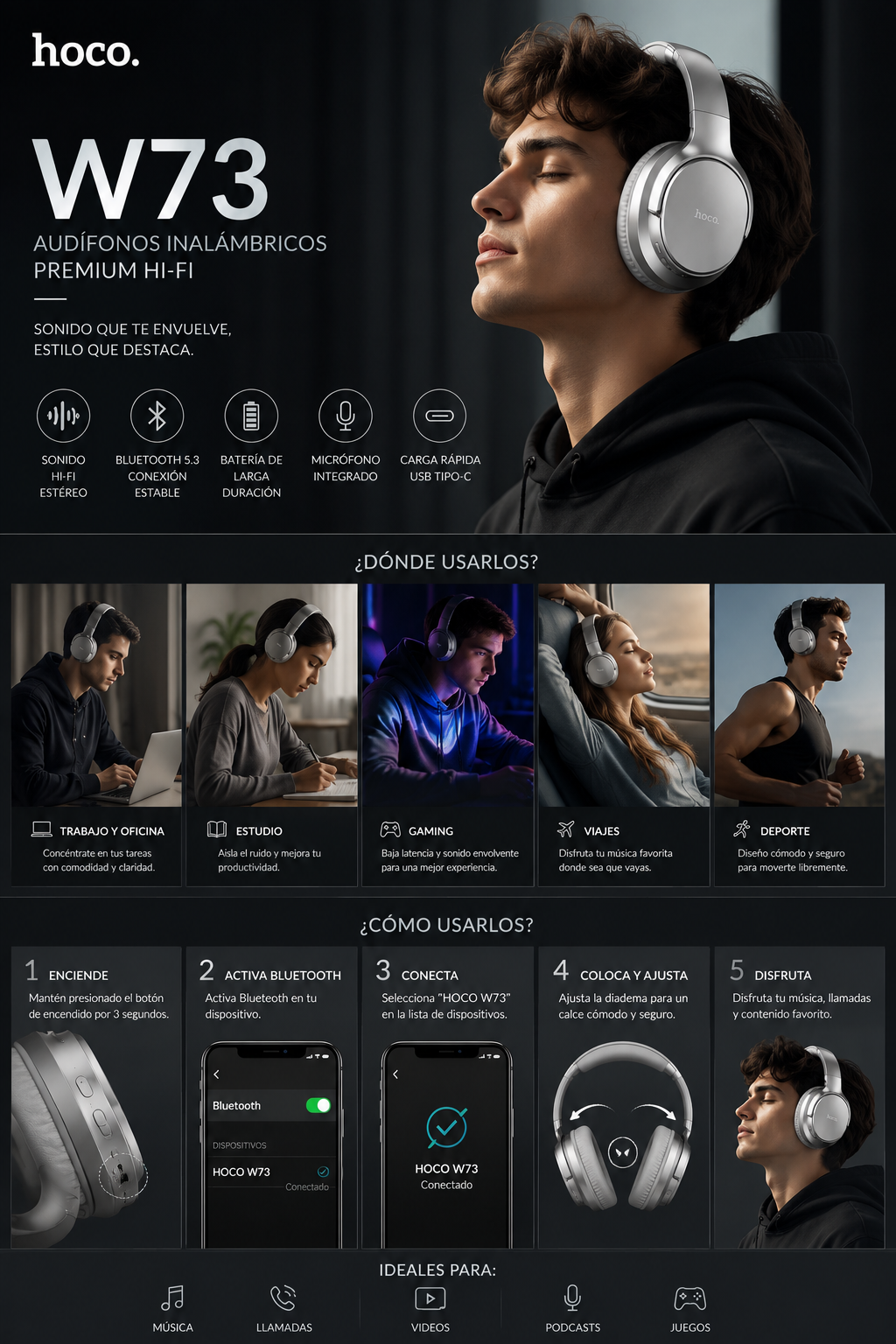 HOCO W73 – AUDÍFONOS BLUETOOTH PREMIUM HI-FI PLATEADOS NUEVA VERSION