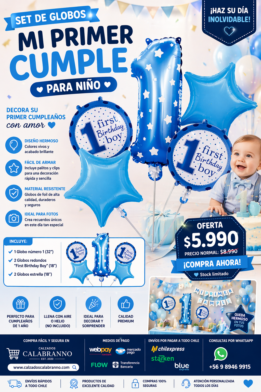 Set de Globos Mi Primer Cumpleaños Niño 🎉 | Decoración Número 1 Azul