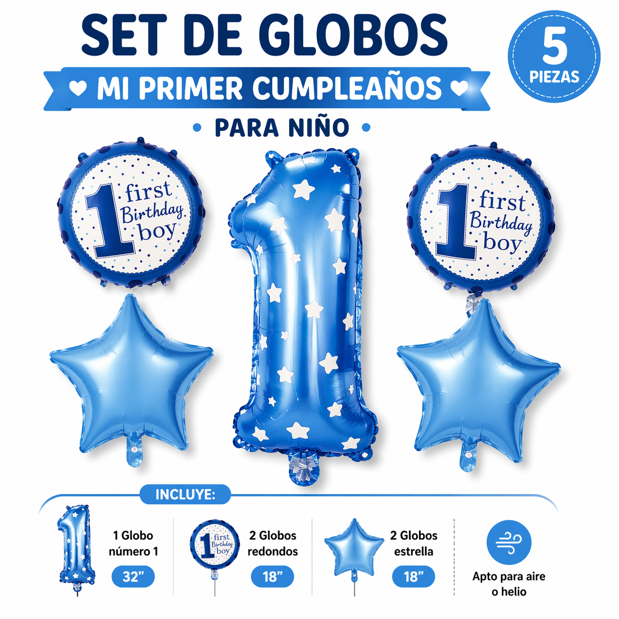 Set de Globos Mi Primer Cumpleaños Niño 🎉 | Decoración Número 1 Azul