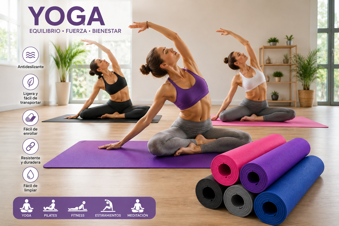 Colchoneta de Yoga 3 mm Antideslizante de Goma EVA | Ideal para Yoga y   Pilates