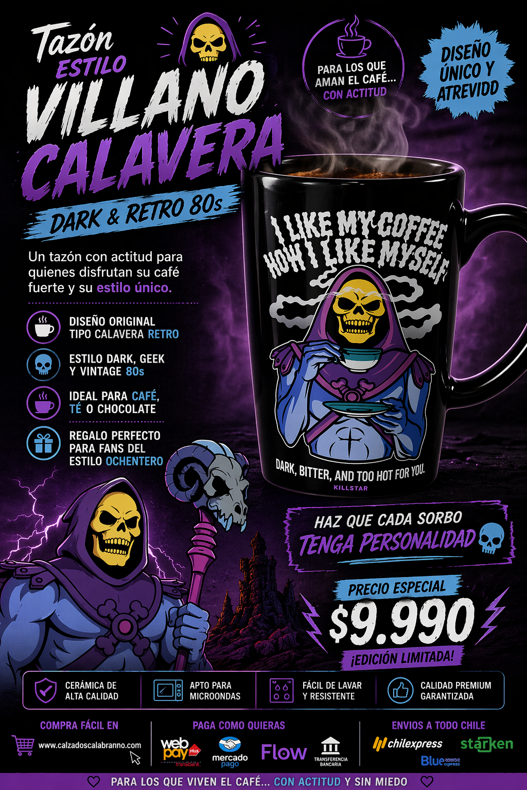 Tazón Estilo Villano Calavera Dark ☕💀 Diseño Retro 80s