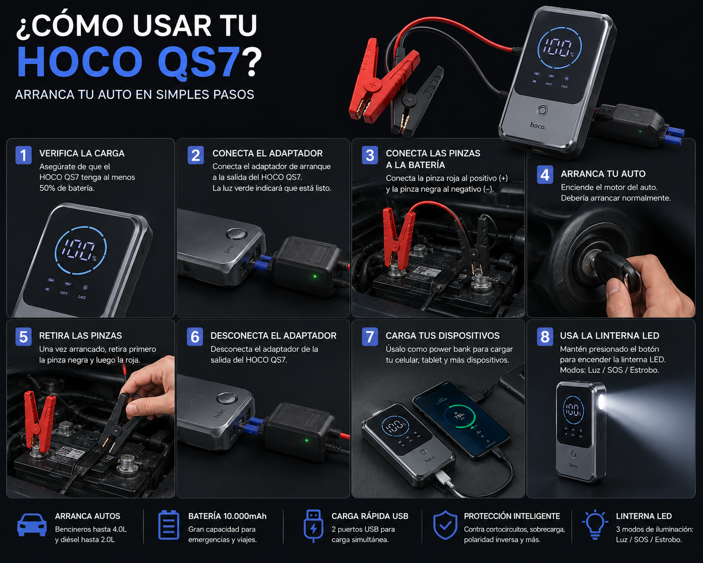 🚗⚡ HOCO QS7 PARTIDOR DE AUTO + POWER BANK 10.000 mAh